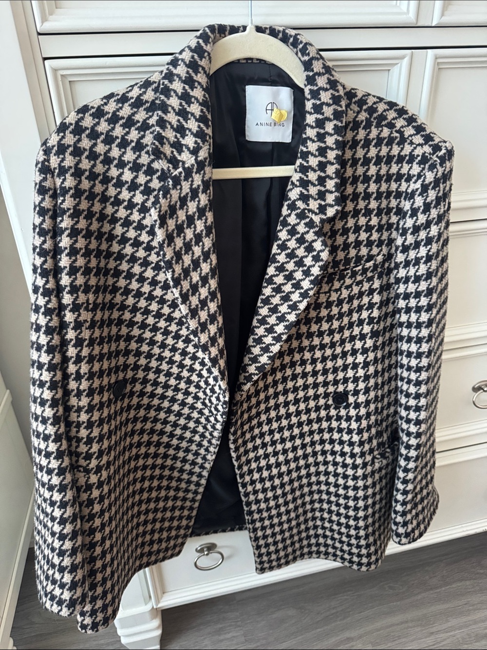 Anine Bing Black & Cream Houndstooth Double-Breasted Blazer